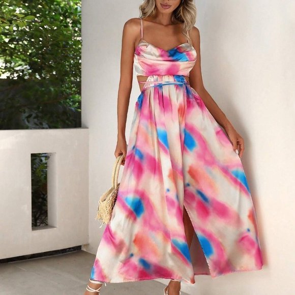 MODA ME COUTURE Dresses & Skirts - Multicolor Tie Dye Print Cut Out Waist Cami Maxi Dress